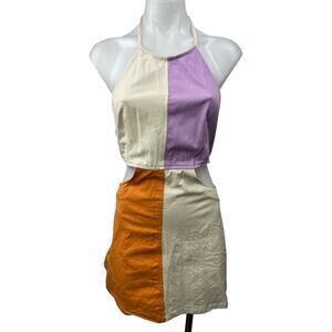 Amylynn Multicolor Colorblock Sleeveless Halter Open Back A Line Mini Dress S